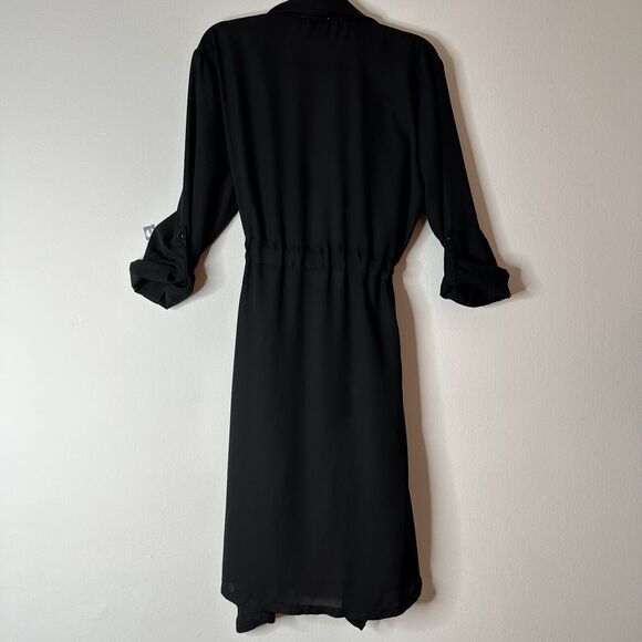 ReVamped Black Flowy Roll Tab Sleeve Tie Waist Waterfall Neck Wrap Dress Small - Picture 2 of 14